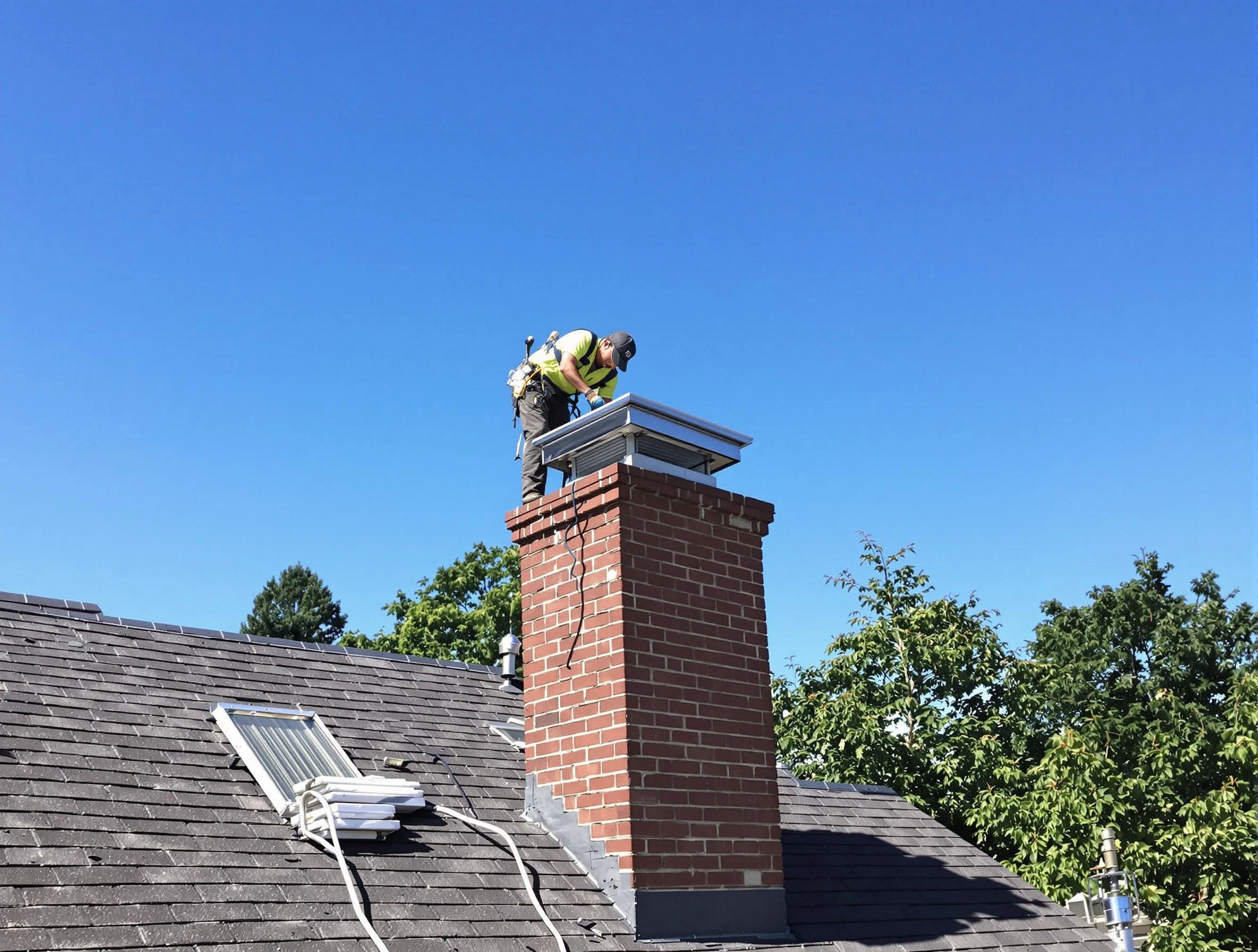 Locust Grove Chimney Sweep technician measuring a chimney cap in Locust Grove, GA